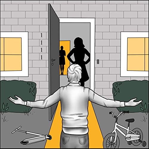 Mrs. Parker black and white illustration with a man with his arms extended on either side and a black outline of a woman at the front door of a house and another black outline of a woman in the background